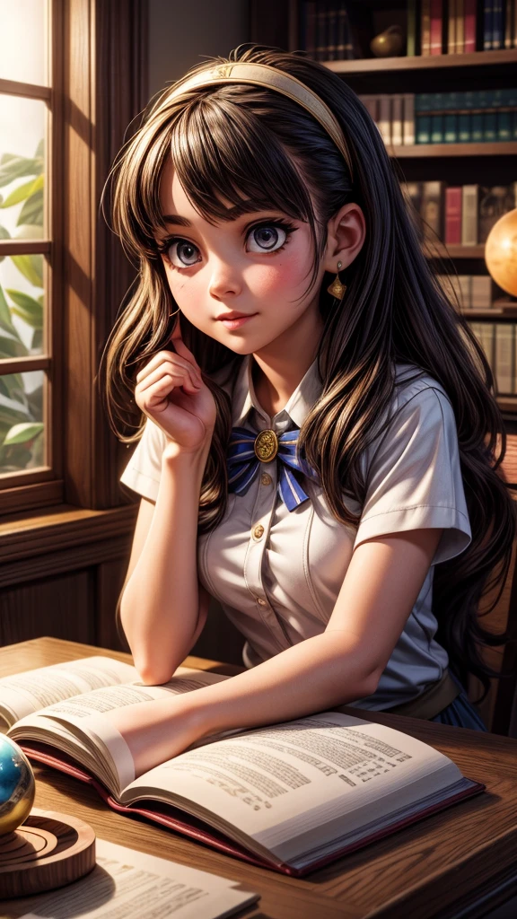 a young girl performing astrology in a classroom, 1girl, beautiful detailed eyes, beautiful detailed lips, extremely detailed face, long eyelashes, serious expression, long brown hair, school uniform, sitting at desk, crystal ball, astrological charts, candles, incense, bookshelf, window, natural lighting, cinematic lighting, elegant, ethereal, fantasy, highly detailed, 8K, photorealistic, masterpiece