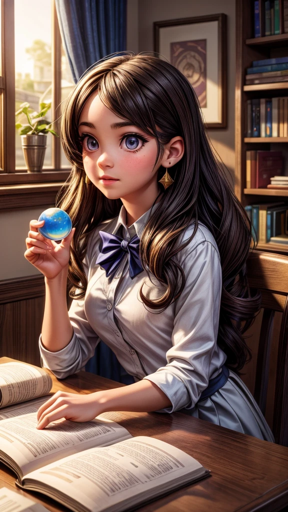 a young girl performing astrology in a classroom, 1girl, beautiful detailed eyes, beautiful detailed lips, extremely detailed face, long eyelashes, serious expression, long brown hair, school uniform, sitting at desk, crystal ball, astrological charts, candles, incense, bookshelf, window, natural lighting, cinematic lighting, elegant, ethereal, fantasy, highly detailed, 8K, photorealistic, masterpiece