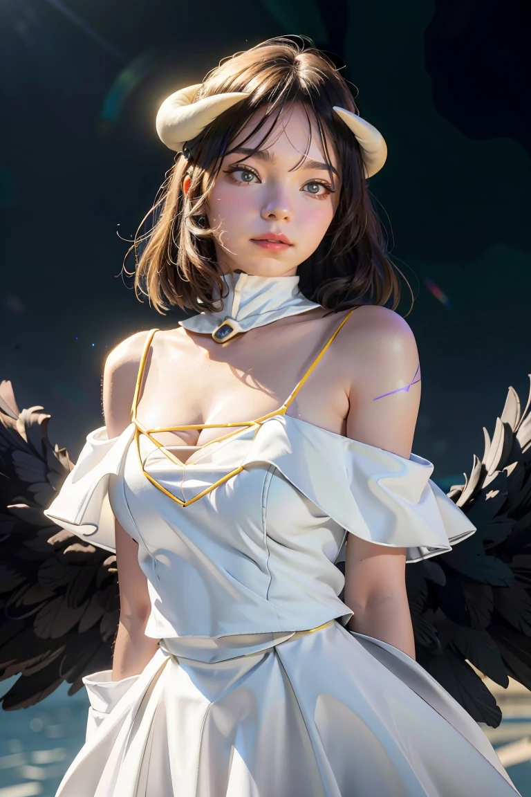 Masterpiece, Best quality, Ultra-detailed, illustration, epic lighting, Cinematic composition, isometry,(hexagons:1.2), 1girll, Horns, Solo, Yellow eyes, Black hair, Long hair, (Low wing:1.2), Large cleavage, Bare shoulders, hair between eye, Medium breasts, (White dress:1.1), Golden decoration, Detached collar, view the viewer, Semi-closed Eyes, (view the viewer:1.1), parted lip, Blush, Black feathers fall, Arena, particle fx, (8K:1.1)