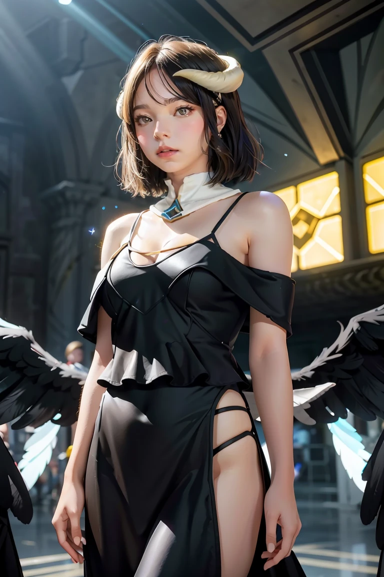 Masterpiece, Best quality, Ultra-detailed, illustration, epic lighting, Cinematic composition, isometry,(hexagons:1.2), 1girll, Horns, Solo, Yellow eyes, Black hair, Long hair, (Low wing:1.2), Large cleavage, Bare shoulders, hair between eye, Medium breasts, (White dress:1.1), Golden decoration, Detached collar, view the viewer, Semi-closed Eyes, (view the viewer:1.1), parted lip, Blush, Black feathers fall, Arena, particle fx, (8K:1.1)