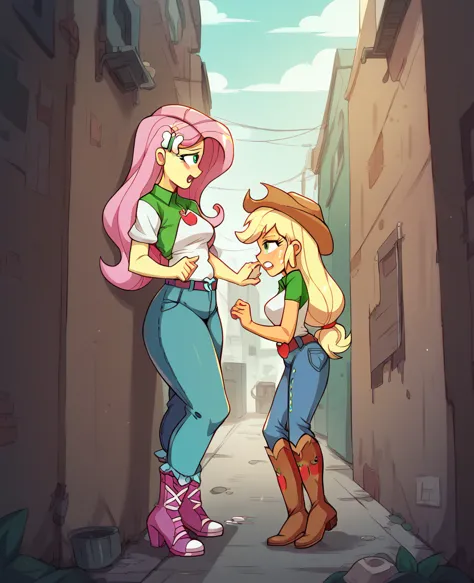 Fluttershy from Equestria Girls half naked having sex with Applejack in an alley
