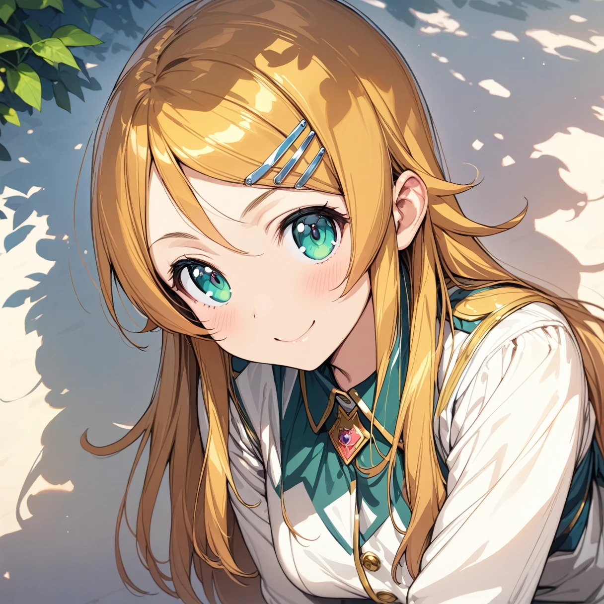 (masterpiece),(Highest quality),(Super detailed),(Best illustrations),(Best Shadow),(Absurd),(Detailed Background),(so beautiful), kirino kousaka, Blonde, Long Hair, Hair Clip, Green Eyes, bangs,  uniform, View your viewers, Upper Body, smile, Leaning forward 