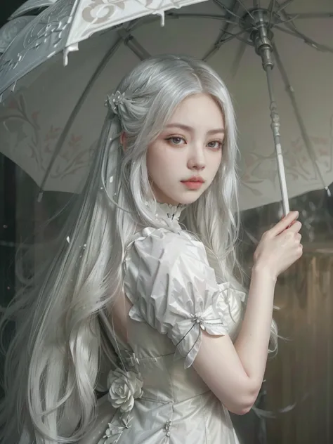 there is a woman with long white hair holding an victorian umbrella, victorian era, victorian vibes, artwork in the style of guw...