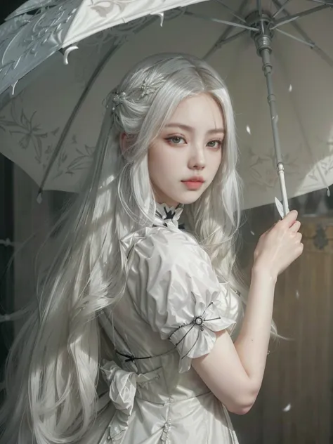 there is a woman with long white hair holding an victorian umbrella, victorian era, victorian vibes, artwork in the style of guw...