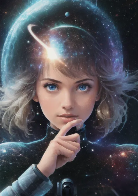 The girl holds in front of her face in her hands the galactic space, portrait photo, lots of details, high quality,
