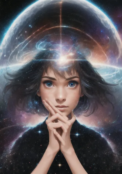 The girl holds in front of her face in her hands the galactic space, portrait photo, lots of details, high quality,