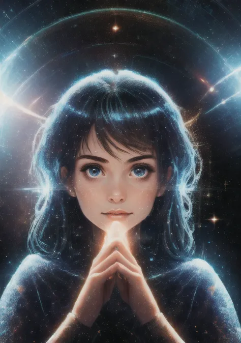 The girl holds in front of her face in her hands the galactic space, portrait photo, lots of details, high quality,