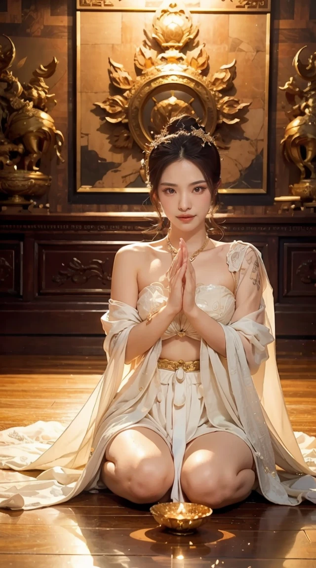 （Chinese immortals）, （Buddhism）, Multip_Handythological stories）, （bodhisattva）, She sits on a lotus, （Three hands on the left，Three hands on the right, Each hand holds a different Buddhist vessel, left right symmetry），（Delicate and beautiful face）, （White silk robe）sitting on a lotus flower, Frontal photo，Light smile, neo-classical, OP Art, Chiaroscuro, Cinematic lighting, god light, Ray tracing, character sheets, projected inset, first person perspective, hyper HD, Masterpiece, ccurate, Textured skin, Super detail, High details, High quality, Award-Awarded, Best quality, A high resolution, 8K