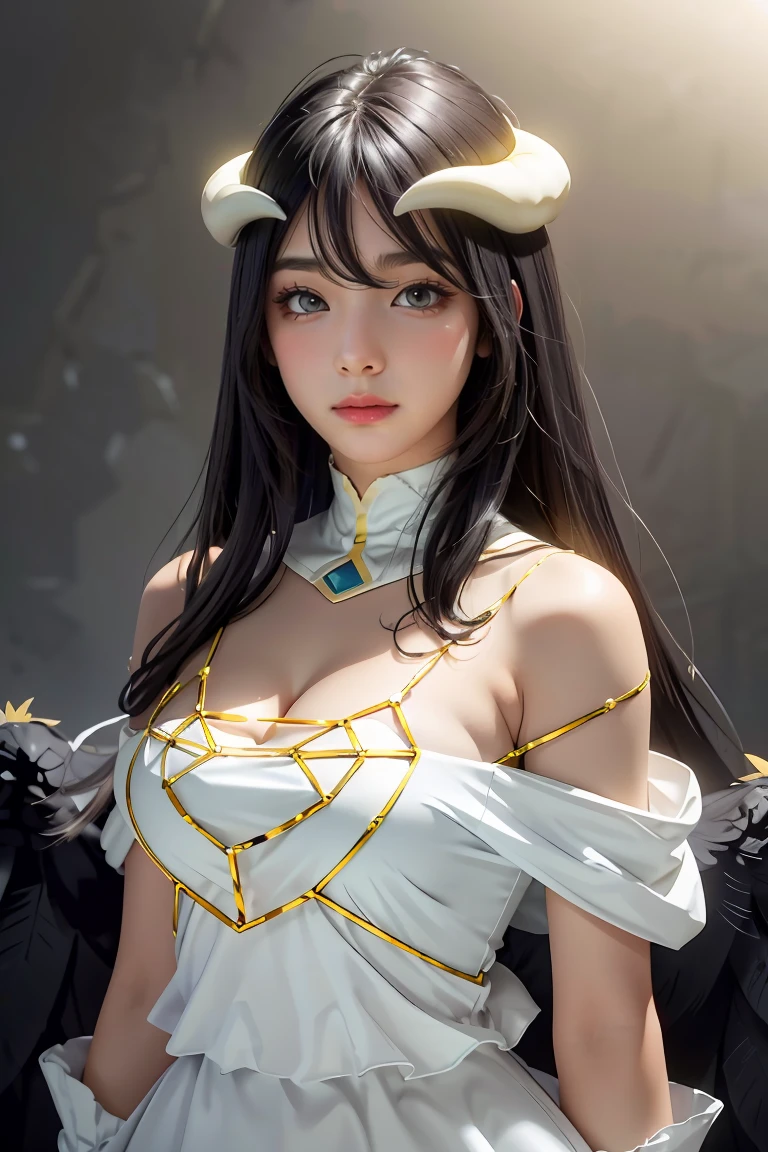 Masterpiece, Best quality, Ultra-detailed, illustration, epic lighting, Cinematic composition, isometry,(hexagons:1.2), 1girll, Horns, Solo, Yellow eyes, Black hair, Long hair, (Low wing:1.2), Large cleavage, Bare shoulders, hair between eye, Medium breasts, (White dress:1.1), Golden decoration, Detached collar, view the viewer, Semi-closed Eyes, (view the viewer:1.1), parted lip, Blush, Black feathers fall, Arena, particle fx, (8K:1.1)