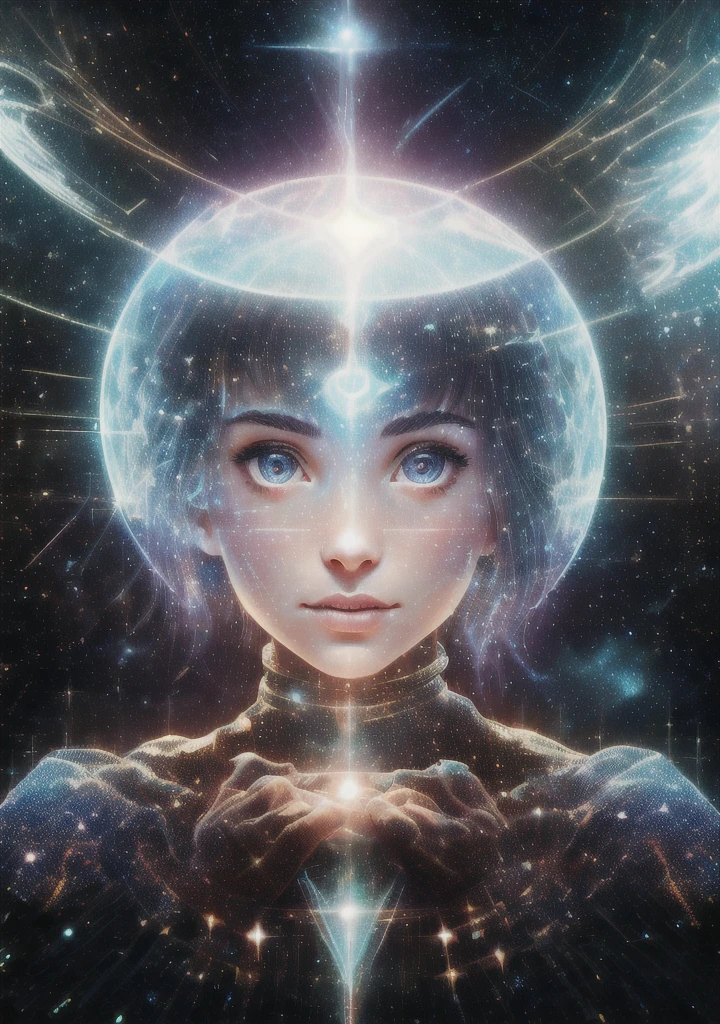 Das Mädchen hält in ihren Händen den galaktischen Raum vor ihr Gesicht, Porträtfoto, viele Details, gute Qualität, she is an astrologer, transparenter Körper