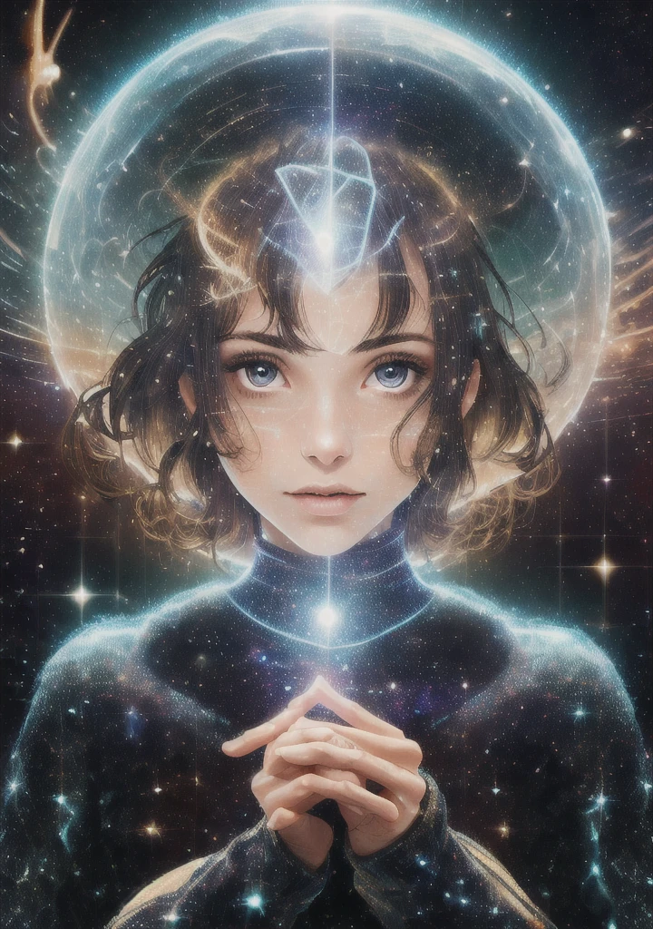 The girl holds in front of her face in her hands the galactic space, portrait photo, lots of details, high quality, she is an astrologer, transparent body