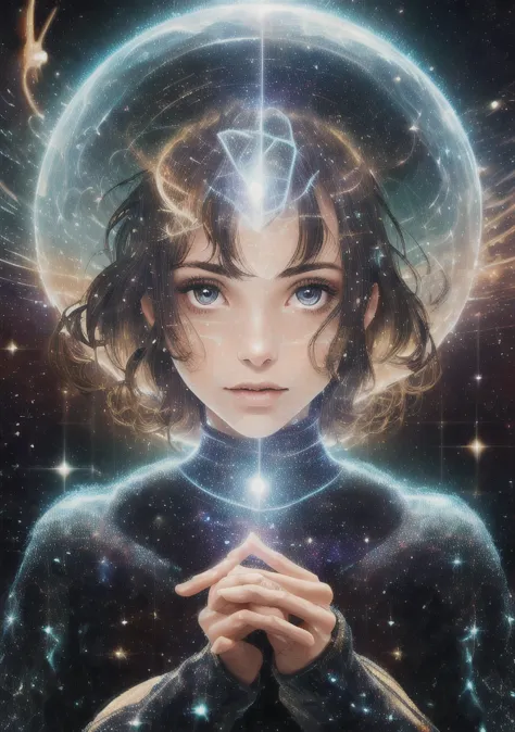 The girl holds in front of her face in her hands the galactic space, portrait photo, lots of details, high quality, she is an as...