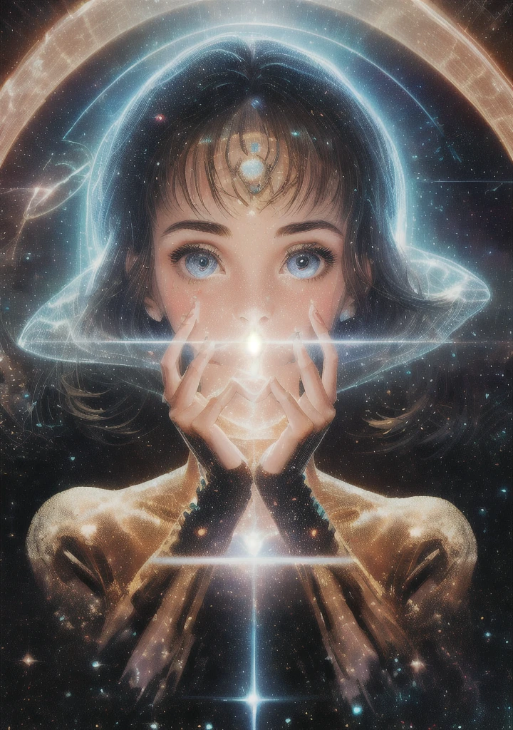 The girl holds in front of her face in her hands the galactic space, portrait photo, lots of details, high quality, she is an astrologer, transparent body