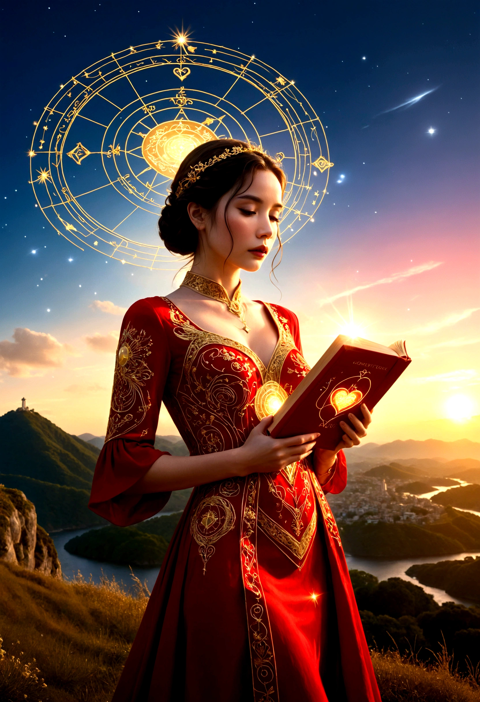 A woman in a love themed red dress with loads of intricate gold love embroidery, carrying a tome, on a hill top, two astrological sign light up brightly in the skies with the connective lines, night
