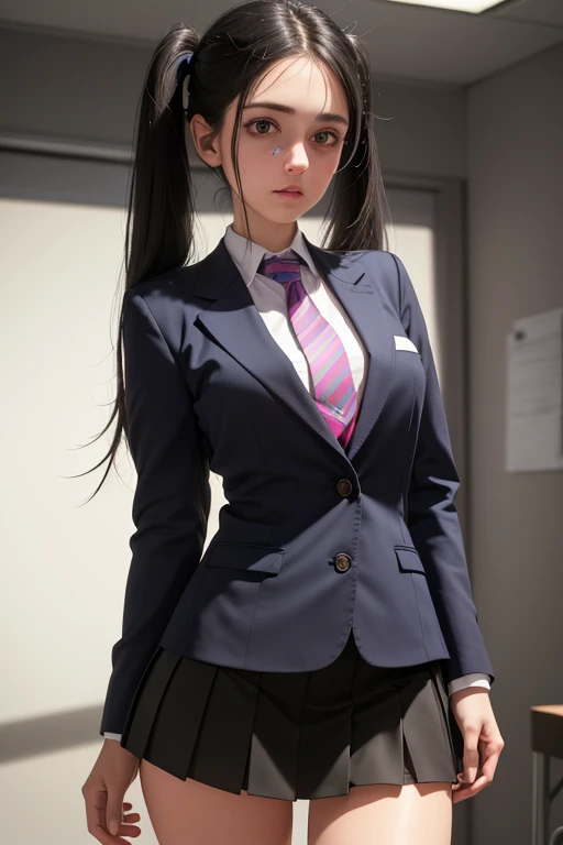 1girl, beautiful young woman, long black hair, twin tails, blue blazer uniform, tie, tight skirt, knee socks, standing in anatomy club room, gazing at viewer, sweet expression, human body drawings on blackboard, (best quality,4k,8k,highres,masterpiece:1.2),ultra-detailed,(realistic,photorealistic,photo-realistic:1.37),anatomy,scientific,precise,hyper-realistic,intricate details,vivid colors,cinematic lighting,volumetric lighting,depth of field,photo-realistic rendering