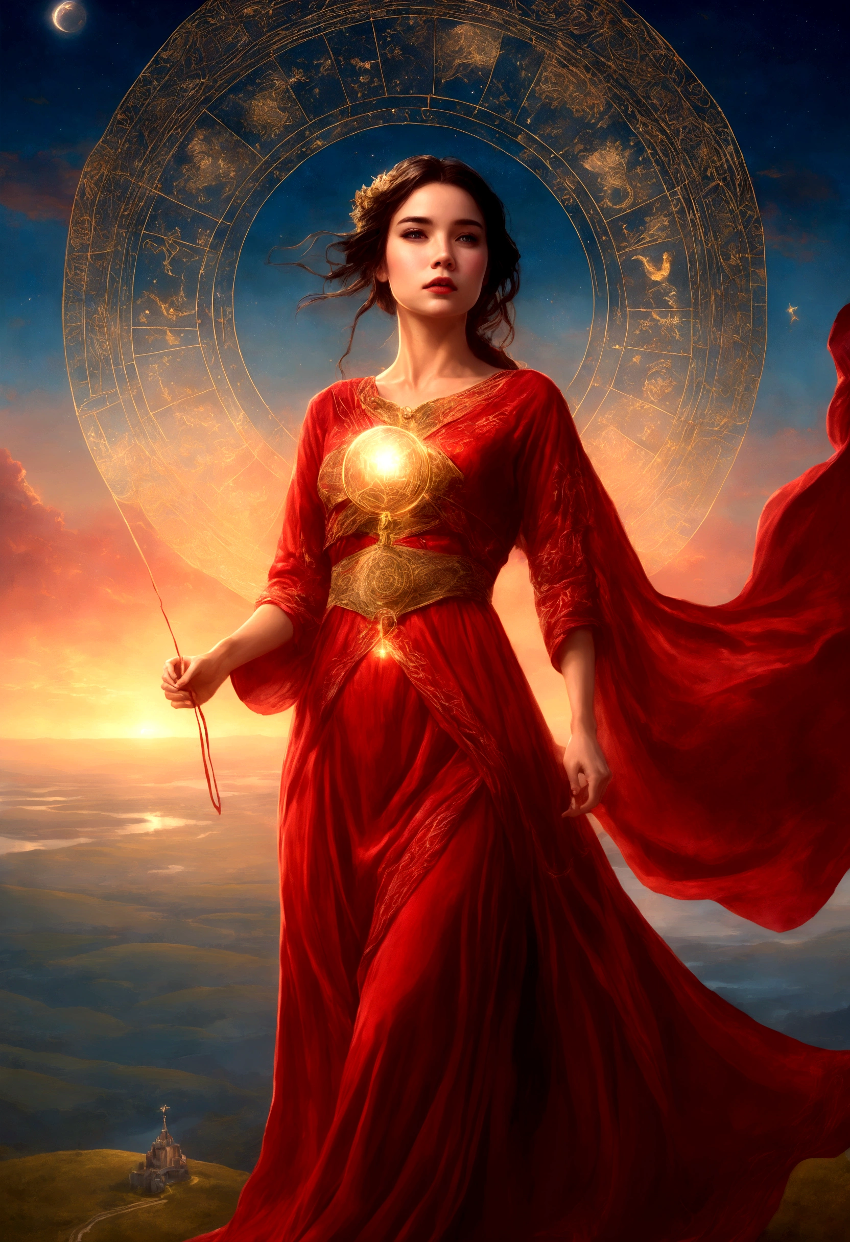 A woman in a love themed red dress with loads of intricate gold love embroidery, carrying a tome, on a hill top, two astrological sign light up brightly in the skies with the connective lines, night
