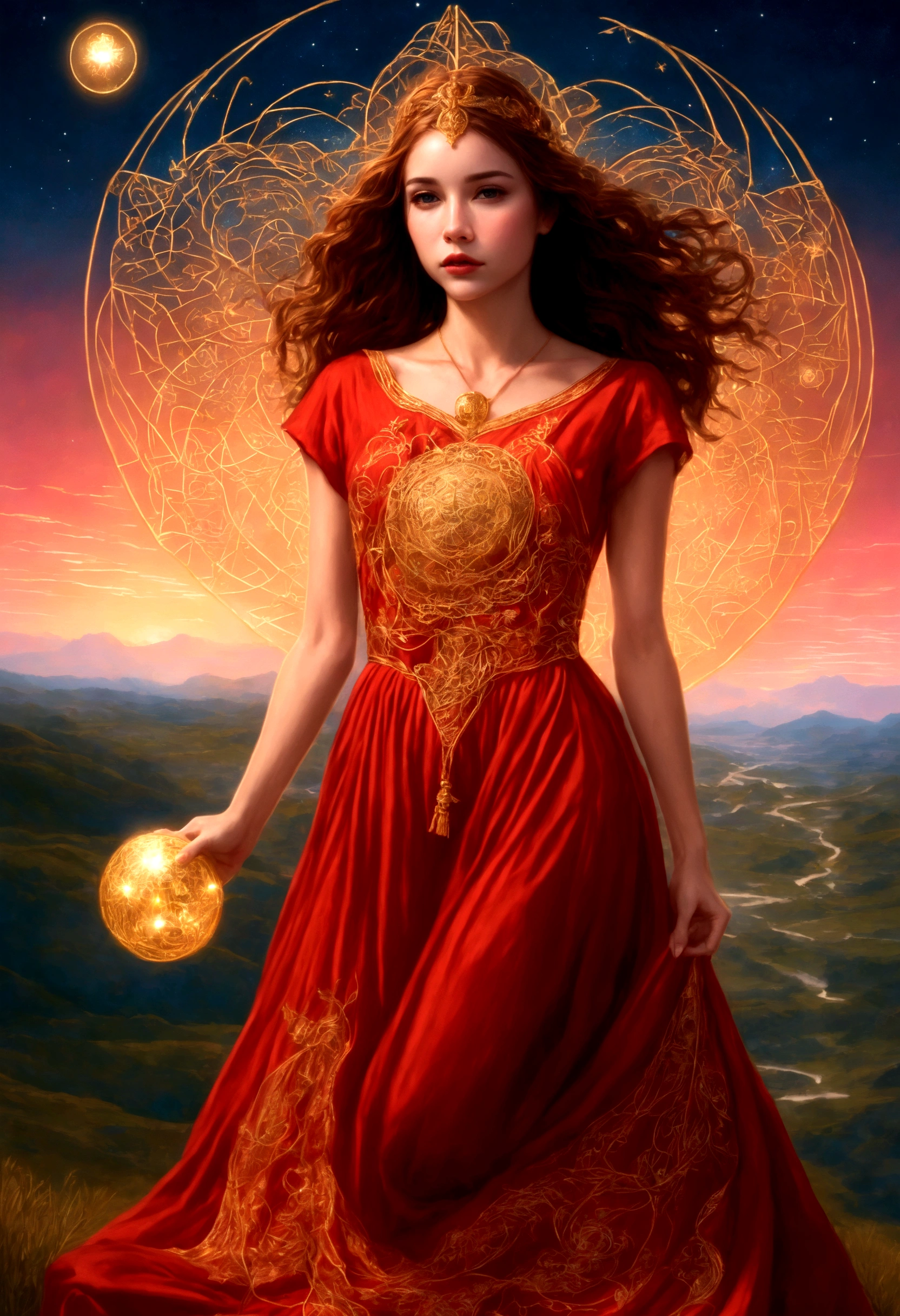 A woman in a love themed red dress with loads of intricate gold love embroidery, carrying a tome, on a hill top, two astrological sign light up brightly in the skies with the connective lines, night
