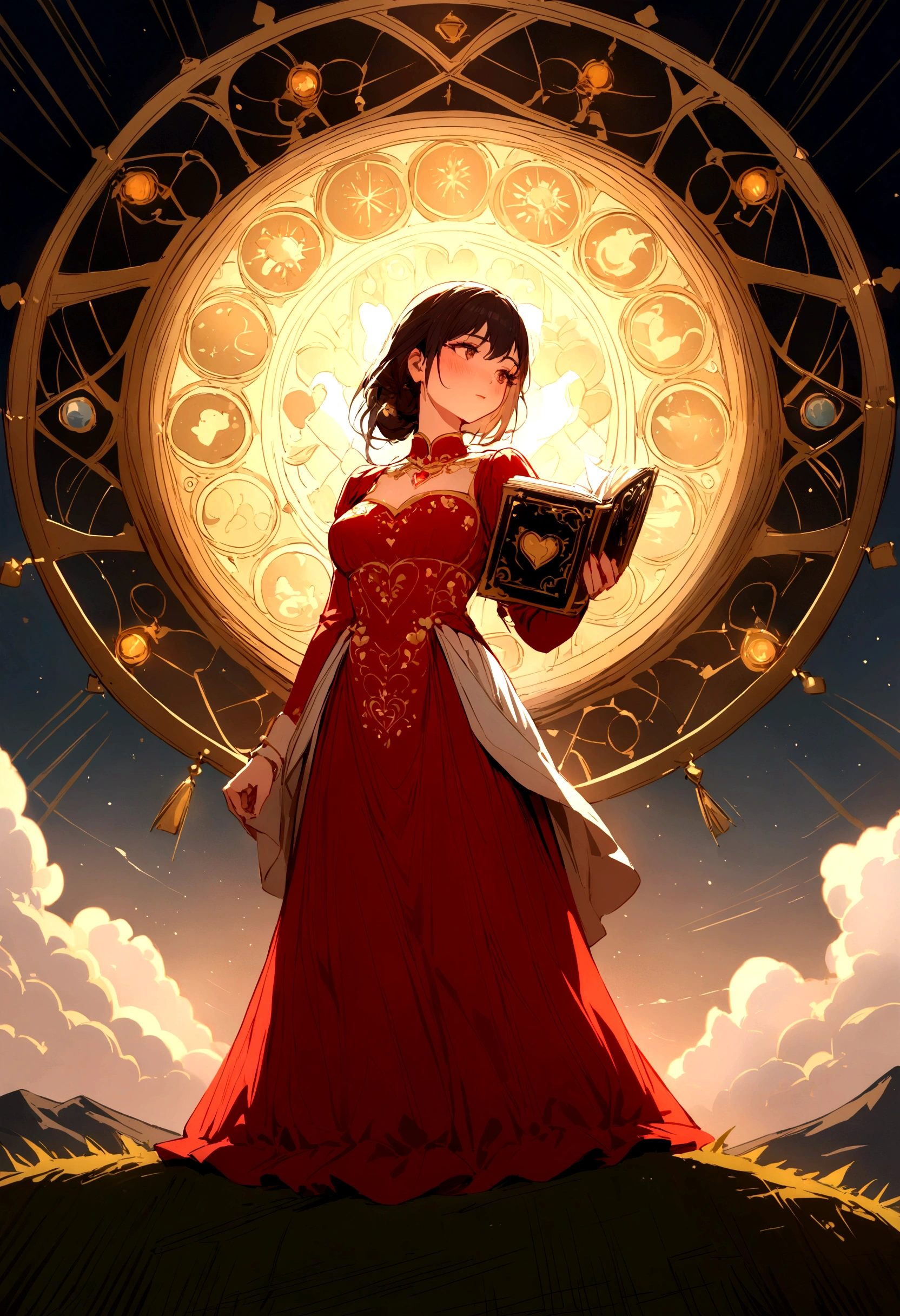 A woman in a love themed red dress with loads of intricate gold love embroidery, carrying a tome, on a hill top, two astrological sign light up brightly in the skies with the connective lines, night
