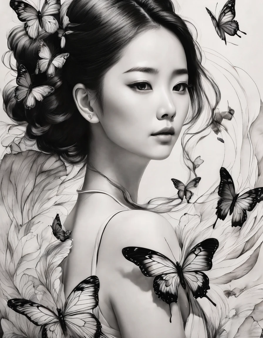 Chinese traditional ink arte Corporal style, (Dibuja la elegante figura de una mujer con líneas simples.），devolución, líneas onduladas, Líneas gruesas y finas, (arte Corporal）, arte lineal, pintura en blanco y negro,Dibujo de personajes,arte lineal,abstracción lírica, Arte de pluma estilográfica,Pluma de gel,Arte del lápiz,piel blanca,cola lateral、adorno para el pelo de mariposa、、hermosa chica、Real、lindo、