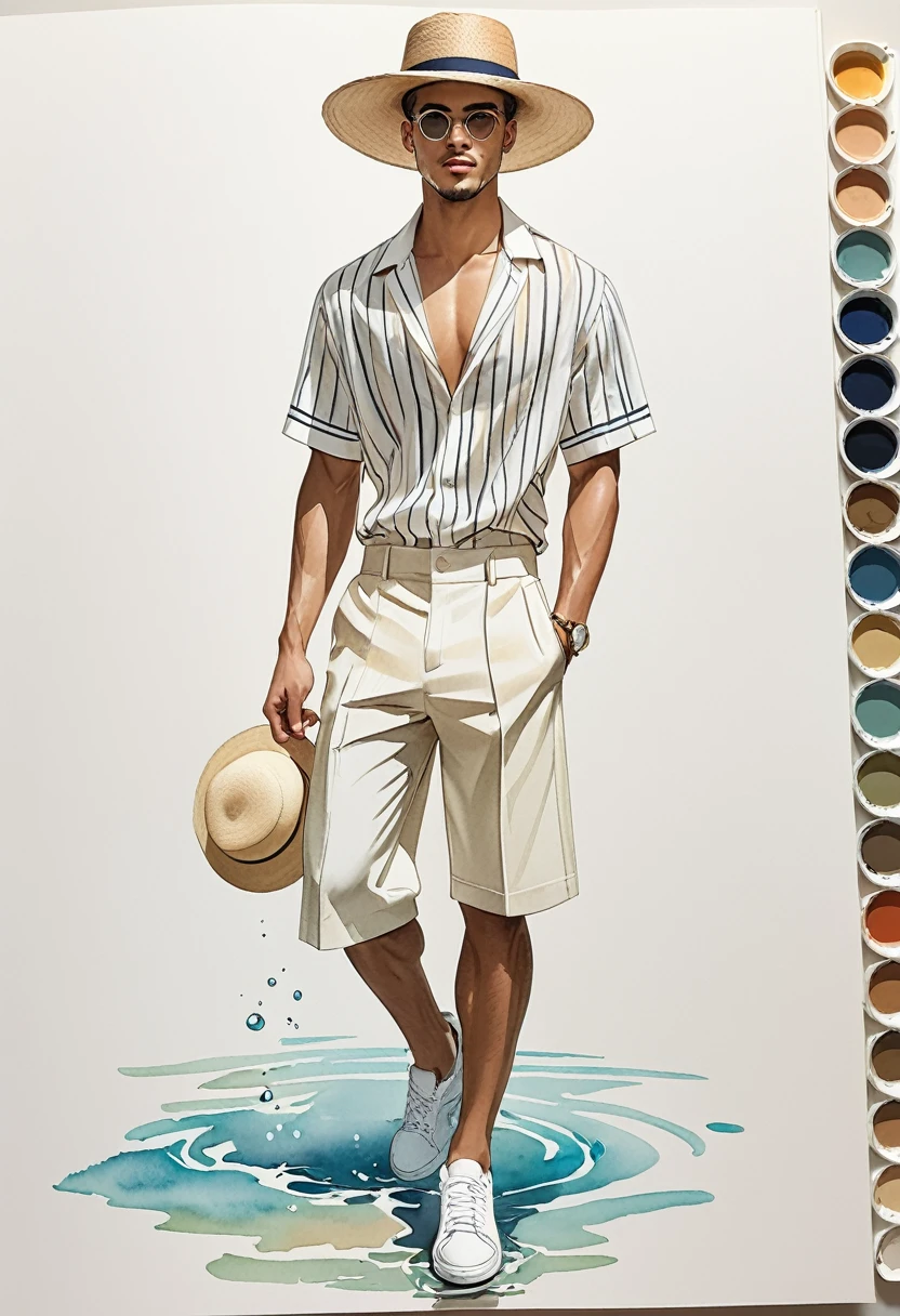 Ilustración de moda sincera de un joven de raza mixta 2man, ambos con 2 años, ((showcase libro de look de moda in mixed pale Earth-tone outfits)), inspirado en la colección resort 2022 de Jacquemus, En elegante estilo náutico joven y chic.. El hombre lleva una camisa de rayas de manga corta de gran tamaño con detalles de encaje., combinado con pantalones cortos de pierna ancha blancos de corte holgado, cómodo y silueta clásica. He completes his look with zapatillas blancas and round glasses. Los 2 hombres lo complementan con un mini tanga blanco, camisa abierta, El conjunto incluye como complemento un sombrero de paja con ala., zapatillas blancas, Capturado en un ángulo dinámico, ((Imagen de cuerpo completo)), ((fondo de acuarela pálido imperfecto)), dibujando, dibujo realista, dibujo imperfecto en acuarela, libro de look de moda, ilustrador de moda, diseño de boceto, elegante, sexy, paleta de colores acuarela,