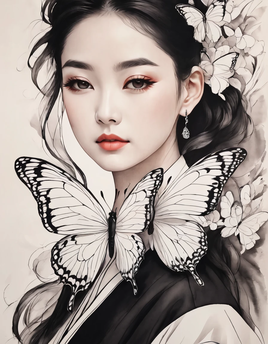 Chinese traditional ink arte Corporal style, (Dibuja la elegante figura de una mujer con líneas simples.），devolución, líneas onduladas, Líneas gruesas y finas, (arte Corporal）, arte lineal, pintura en blanco y negro,Dibujo de personajes,arte lineal,abstracción lírica, Arte de pluma estilográfica,Pluma de gel,Arte del lápiz,piel blanca,cola lateral、adorno para el pelo de mariposa、、hermosa chica、Real、lindo、