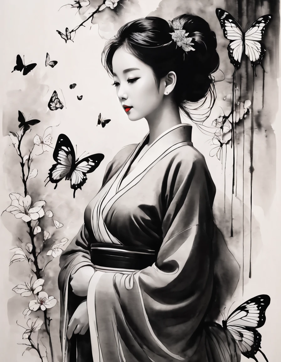 Chinese traditional ink arte Corporal style, (Dibuja la elegante figura de una mujer con líneas simples.），devolución, líneas onduladas, Líneas gruesas y finas, (arte Corporal）, arte lineal, pintura en blanco y negro,Dibujo de personajes,arte lineal,abstracción lírica, Arte de pluma estilográfica,Pluma de gel,Arte del lápiz,piel blanca,cola lateral、adorno para el pelo de mariposa、、hermosa chica、Real、lindo、