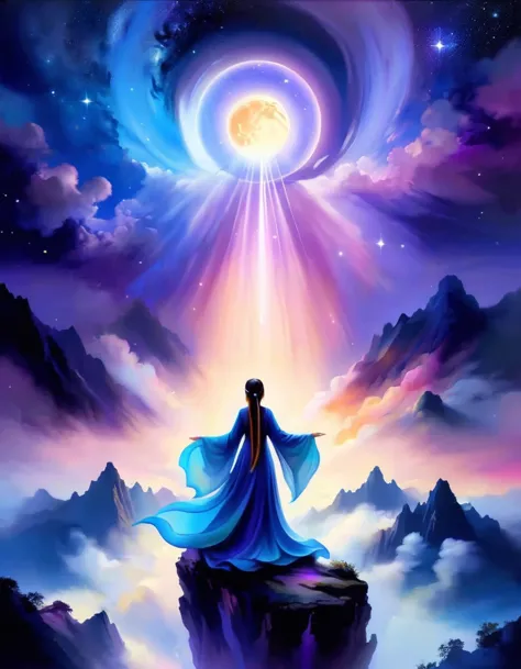 A woman standing on a cliff looking up at the starry sky, Surrounded by a vortex of cosmic energy，Dreamy misty landscape。The fig...