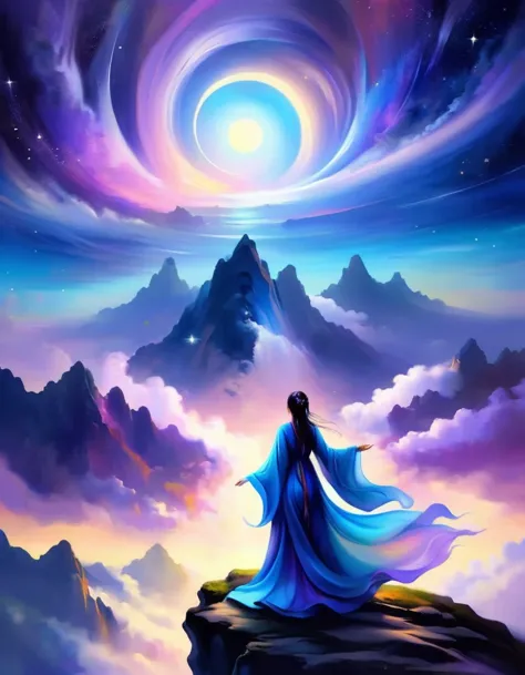 A woman standing on a cliff looking up at the starry sky, Surrounded by a vortex of cosmic energy，Dreamy misty landscape。The fig...