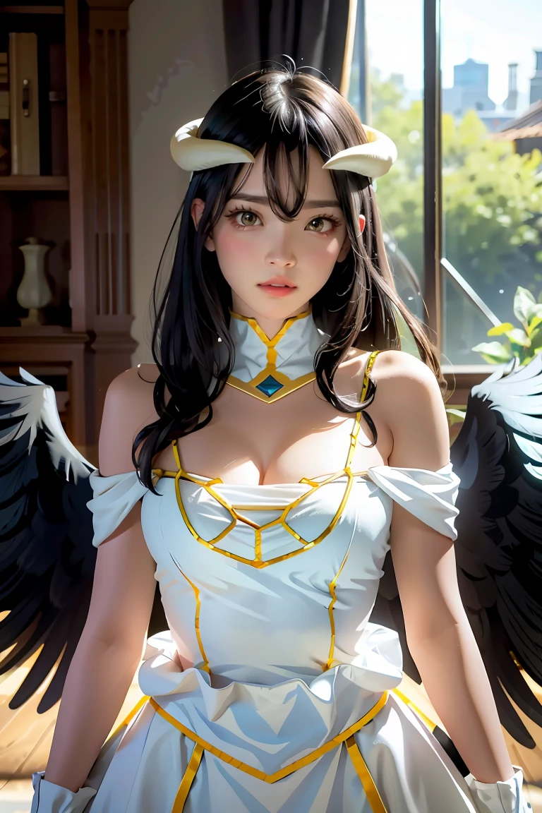 Masterpiece, Best quality, Ultra-detailed, illustration, epic lighting, Cinematic composition, isometry,(hexagons:1.2), 1girll, Horns, Solo, Yellow eyes, Black hair, Long hair, (Low wing:1.2), Large cleavage, Bare shoulders, hair between eye, Medium breasts, (White dress:1.1), Golden decoration, Detached collar, view the viewer, Semi-closed Eyes, (view the viewer:1.1), parted lip, Blush, Black feathers fall, Arena, particle fx, (8K:1.1)