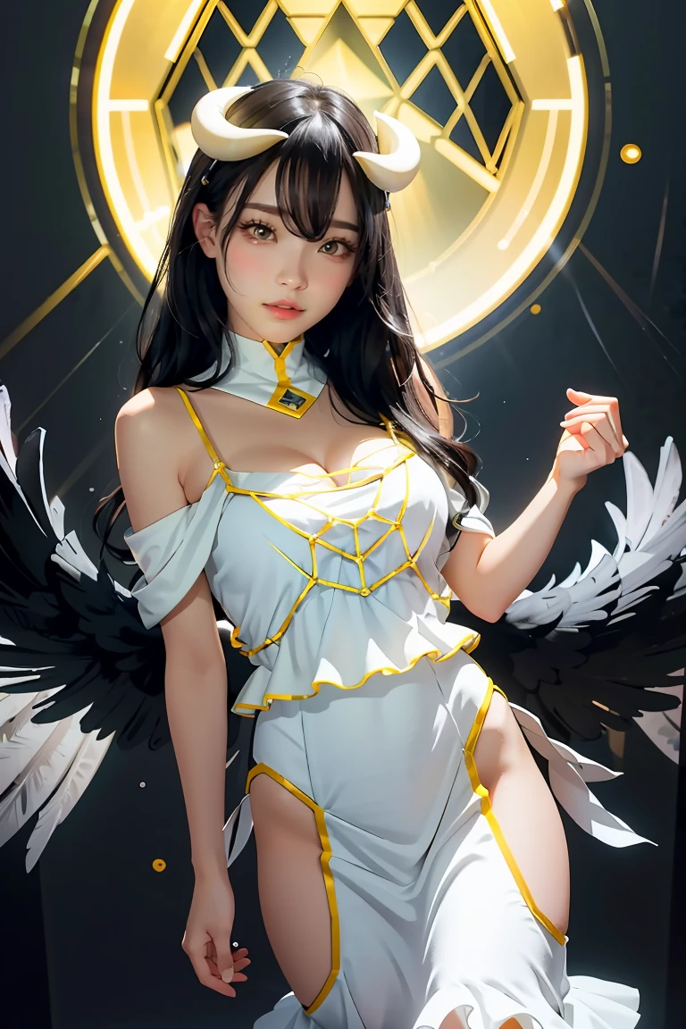 Masterpiece, Best quality, Ultra-detailed, illustration, epic lighting, Cinematic composition, isometry,(hexagons:1.2), 1girll, Horns, Solo, Yellow eyes, Black hair, Long hair, (Low wing:1.2), Large cleavage, Bare shoulders, hair between eye, Medium breasts, (White dress:1.1), Golden decoration, Detached collar, view the viewer, Semi-closed Eyes, (view the viewer:1.1), parted lip, Blush, Black feathers fall, Arena, particle fx, (8K:1.1)