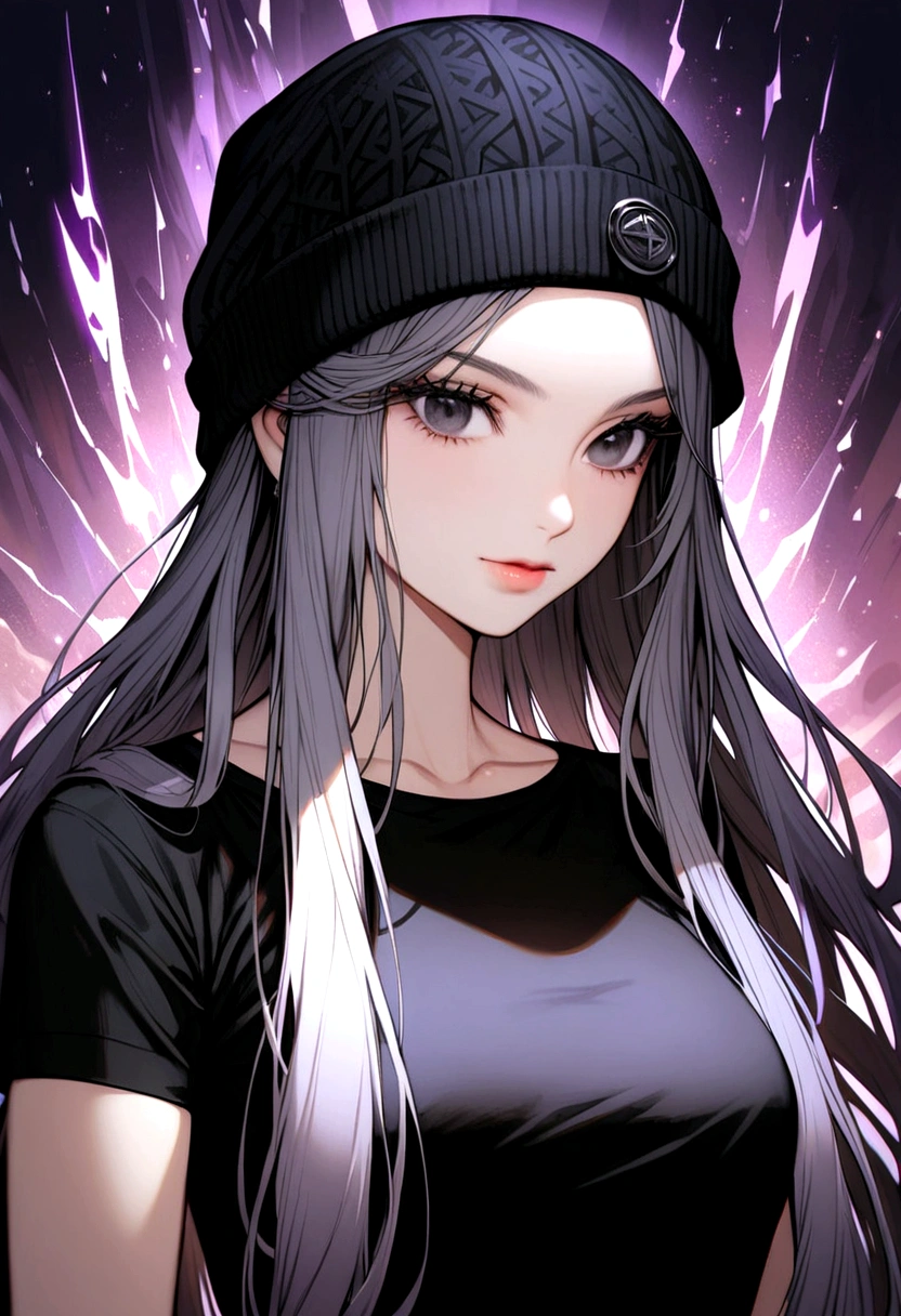 uma mulher com olhos pretos, cabelo lilás e longo, usando um gorro preto, camiseta preta, 