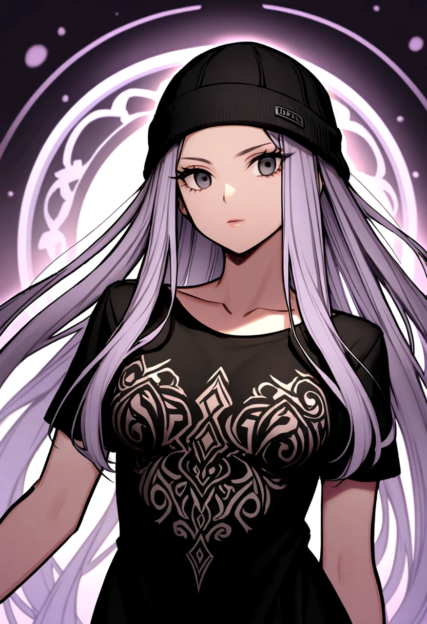 a woman with black eyes, lilac and  long hair, wearing a black beanie, black t-shirt, 