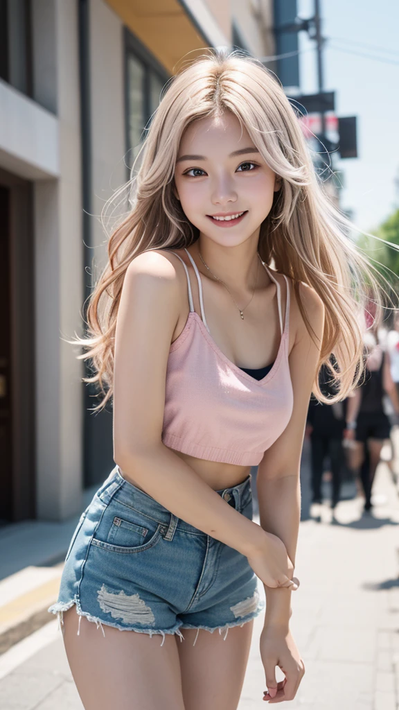 18-year-old、Tabletop, Highest quality, shape, Very detailed, In detail, High resolution, 8k wallpaper, Perfect dynamic composition, Beautiful details, Super long hair、smile、Prompt Hair、Blonde、Pink inner color hair、Street Snap、Silver Eyes、Shorts、Beautiful legs