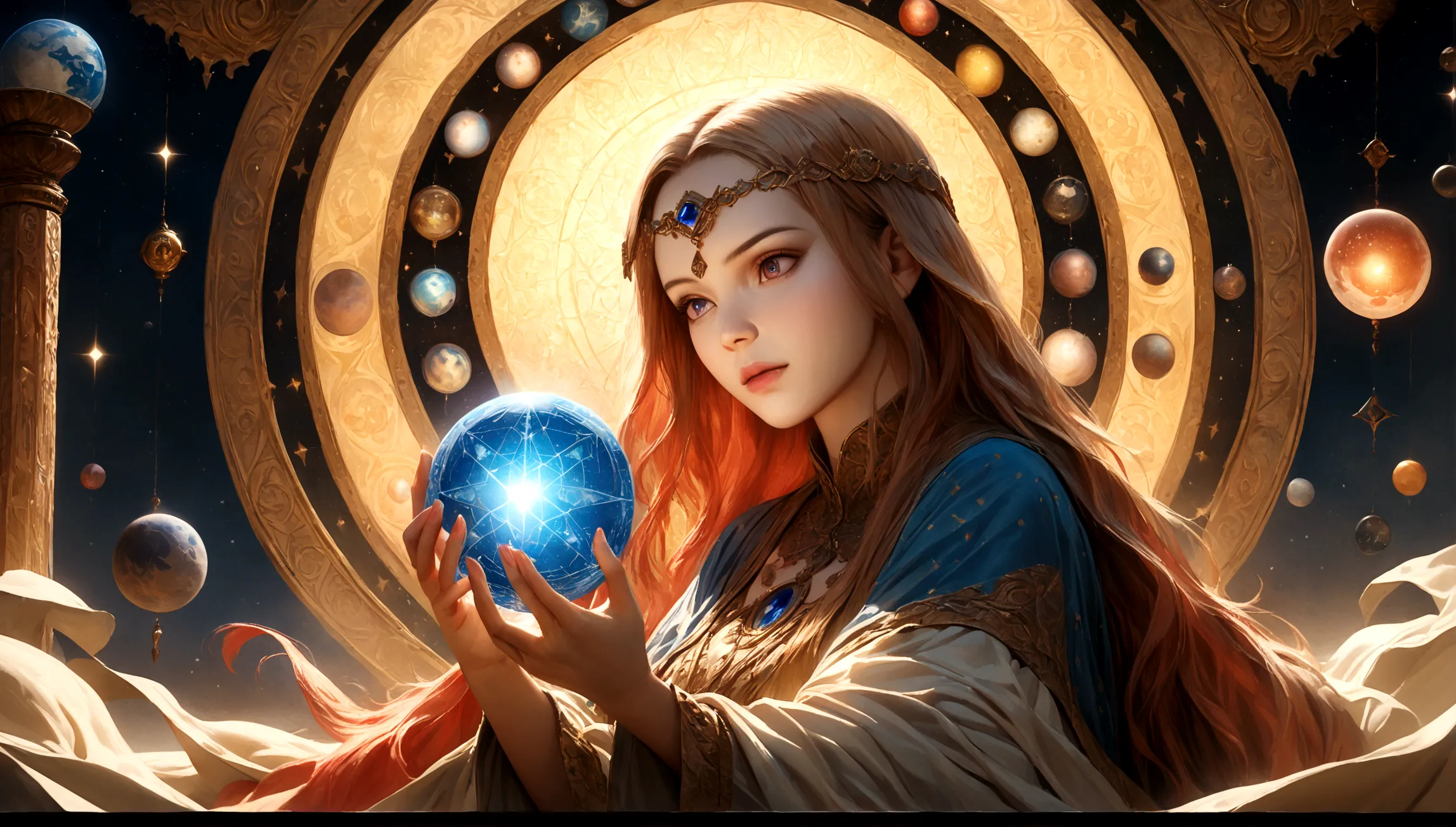 astrologer,female astrologer,glowing magic square,circlet,solar system,woman astrologer,astrologer reading crystal ball,astrolog...