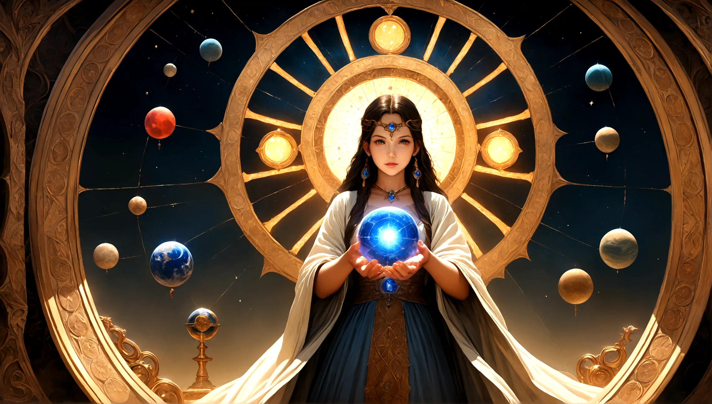 astrologer,female astrologer,glowing magic square,circlet,solar system,woman astrologer,astrologer reading crystal ball,astrolog...