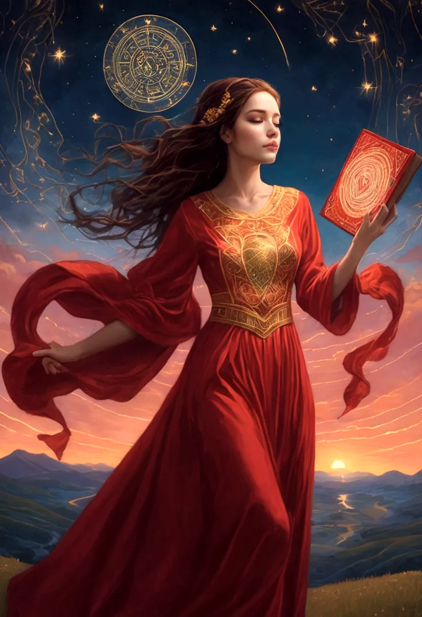 a woman in a love themed red dress with loads of intricate gold love embroidery, carrying a tome, on a hill top, two astrologica...