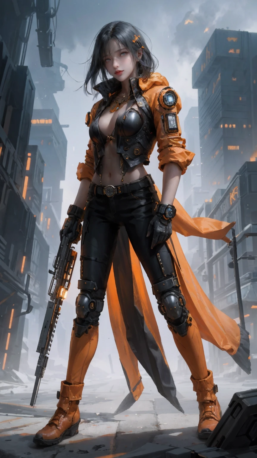 1girl,solo,realistic,cyberpunk, cyborg, halloween,  jack-o'-lantern, mechanical_arms, orange_jacket, orange_pants, orange_shirt, pumpkin, science_fiction, simple_background, gloves, standing, jacket, cowboy_shot, urban techwear, outfit