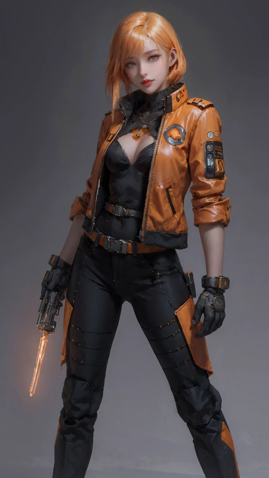 1 Mädchen,Allein,realistisch,cyberpunk, cyborg, Halloween,  jack-o'-lantern, mechanisch_Waffen, orange_Jacke, orange_Hose, orange_Hemd, Kürbis, Wissenschaft_Fiktion, einfach_Hintergrund, Handschuhe, Stehen, Jacke, Cowboy_Schuss, urbane Techwear, Outfit