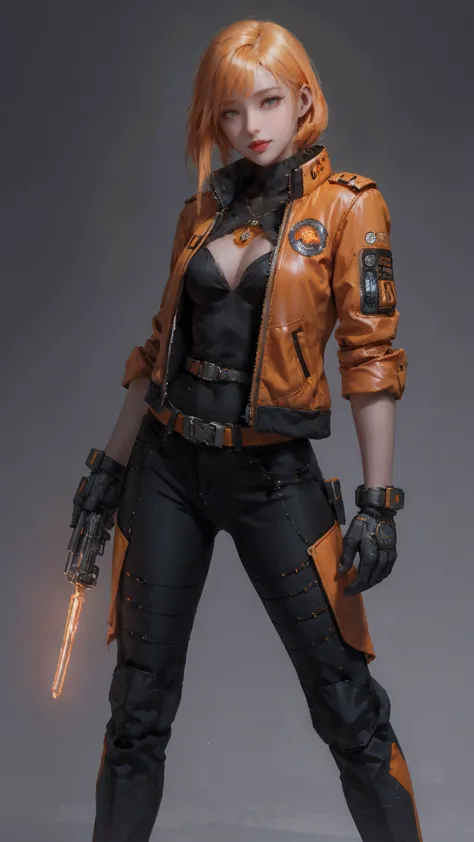 1girl,solo,realistic,cyberpunk, cyborg, halloween,  jack-o'-lantern, mechanical_arms, orange_jacket, orange_pants, orange_shirt,...