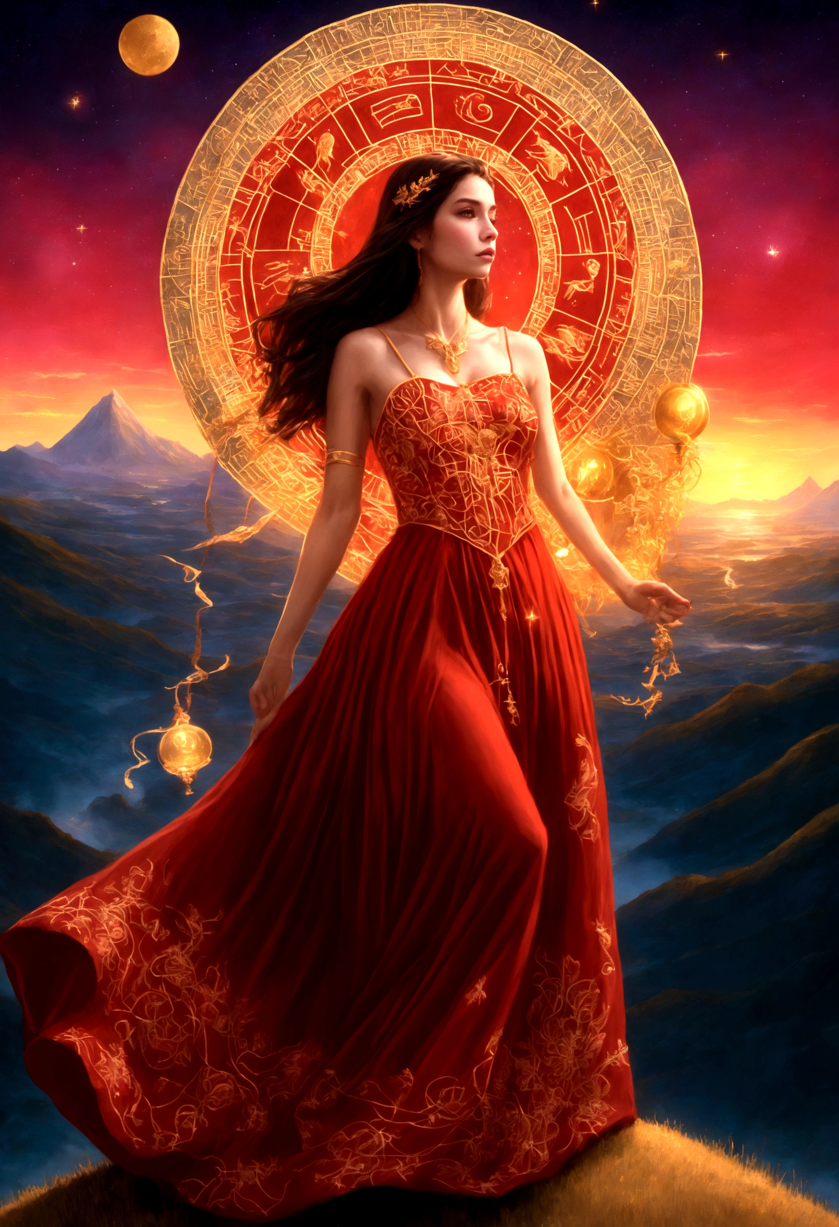 A woman in a love themed red dress with loads of intricate gold love embroidery, carrying a tome, on a hill top, two astrological sign light up brightly in the skies with the connective lines, night
