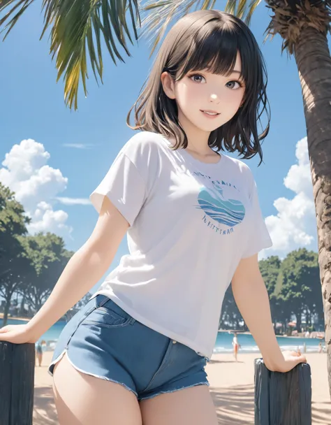 (best quality:1.2), 1girl, seaside park, shirt, shorts, summer, cowboy shot, shoot from front