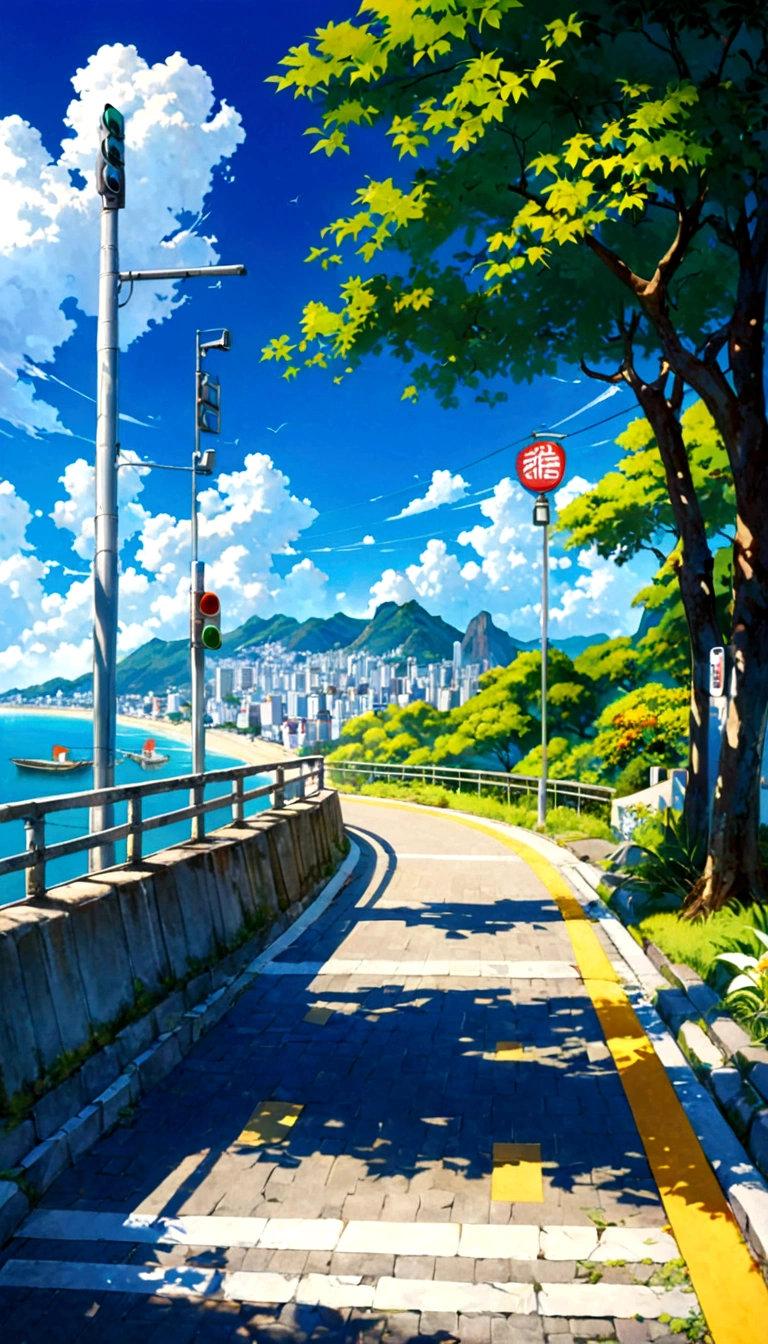 A painting depicting a waterside street, Traffic light on pole, rio de janeiro in an Japanese Manga film, Japanese Manga. author：Xin Haicheng, Japanese Manga landscape, author：Xin Haicheng, author：Xin Haicheng, Japanese Manga landscape wallpaper, Japanese Manga scenery, hd Japanese Manga cityscape, Xin Haicheng和 (cain kuga), Xin Haicheng&#39;style, high resolution, Uhigh resolution, high resolutionR, 3.20 thousand,1:1