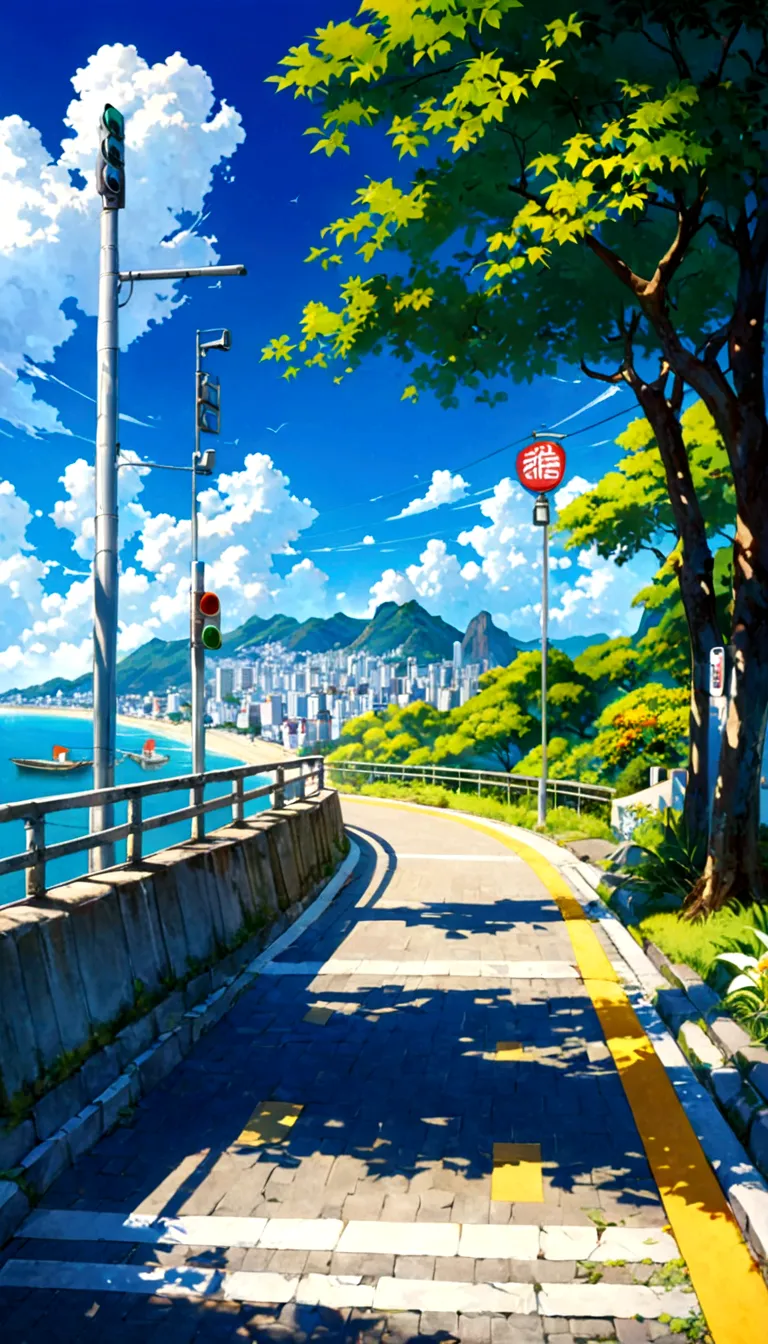 A painting depicting a waterside street, Traffic light on pole, rio de janeiro in an Japanese Manga film, Japanese Manga. author...