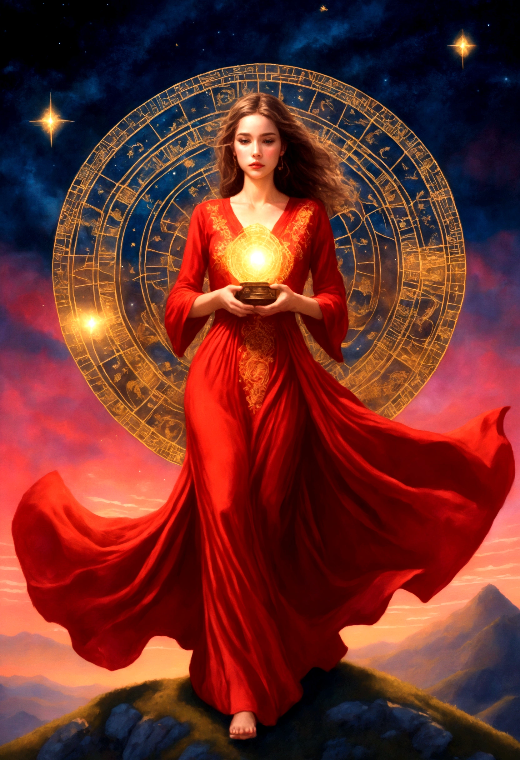 A woman in a love themed red dress with loads of intricate gold love embroidery, carrying a tome, on a hill top, two astrological sign light up brightly in the skies with the connective lines, night
