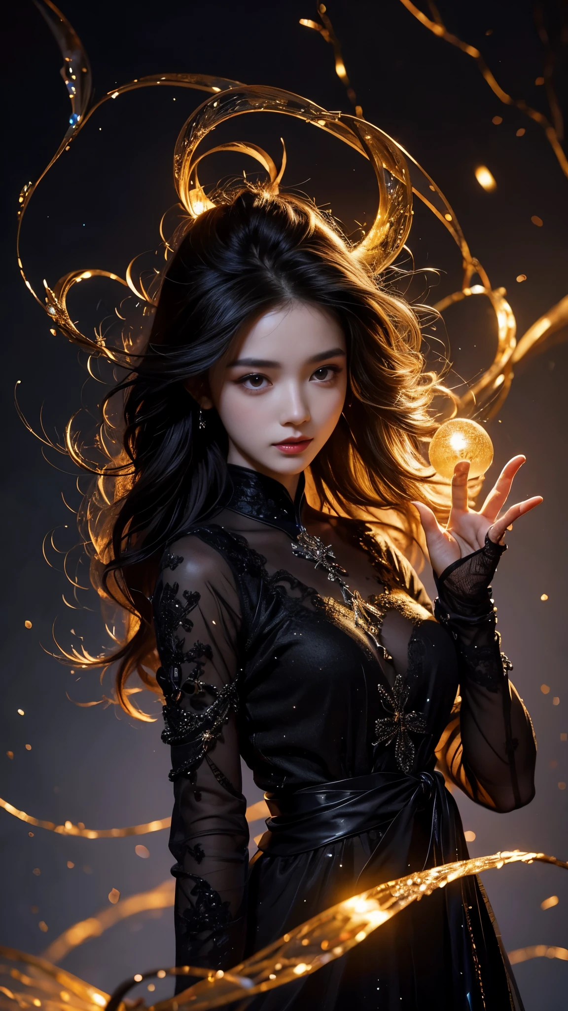 Full figure, seven -clinging shooting, 18 years old, wearing firefly clothes, exquisite faces, details, hands, ultimate details, amazing magnificence, Pedaipan style, fiber hair, glowing black firefly, glowing black firefly,