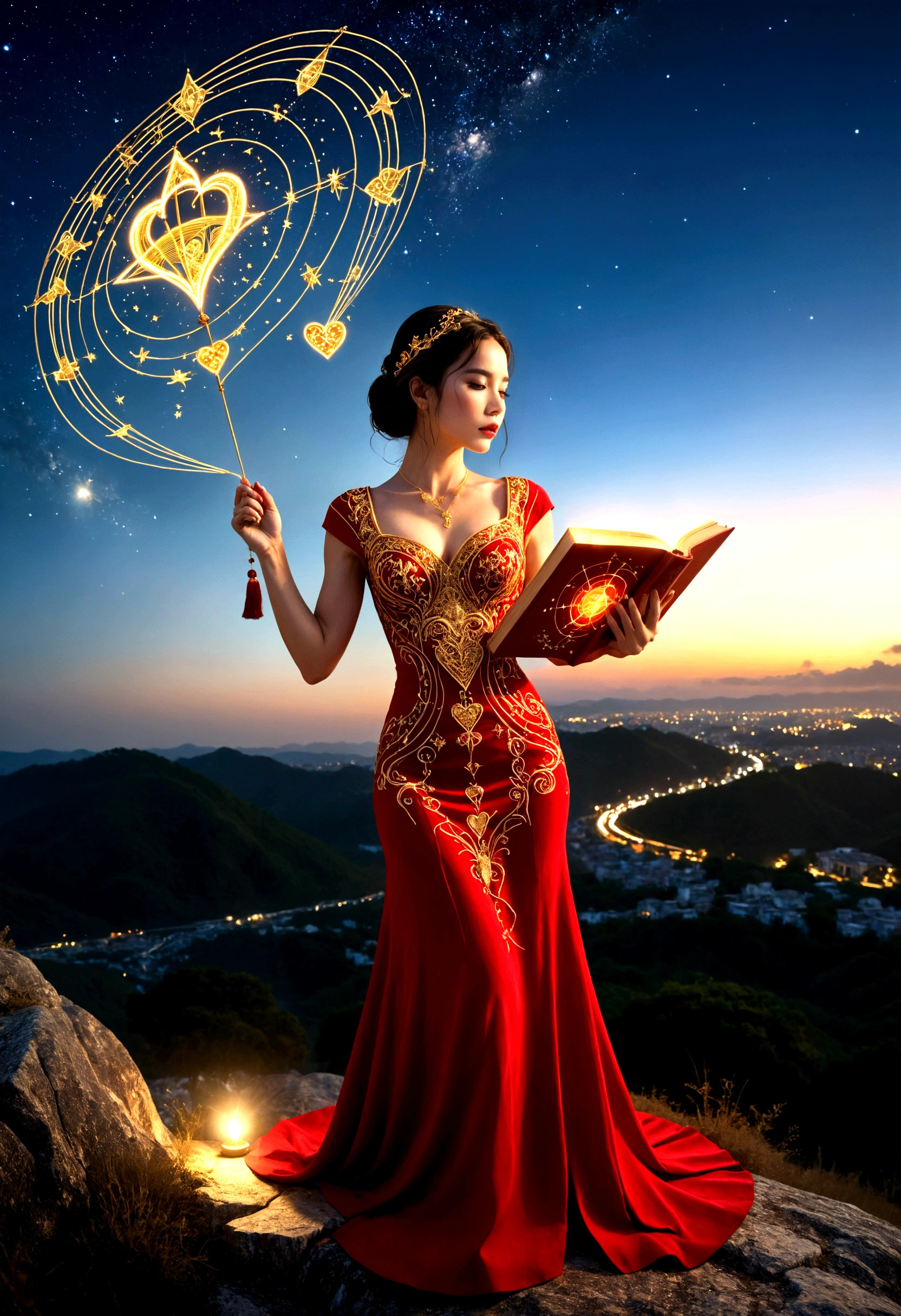 A woman in a love themed red dress with loads of intricate gold love embroidery, carrying a tome, on a hill top, two astrological sign light up brightly in the skies with the connective lines, night
