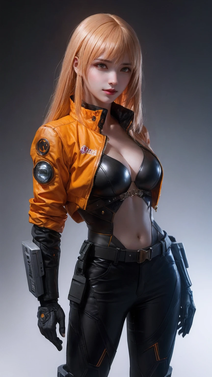 1girl,solo,realistic,cyberpunk, cyborg, halloween,  jack-o'-lantern, mechanical_arms, orange_jacket, Without pants， orange_shirt, pumpkin, science_fiction, simple_background, gloves, standing, jacket, cowboy_shot, urban techwear, outfit，