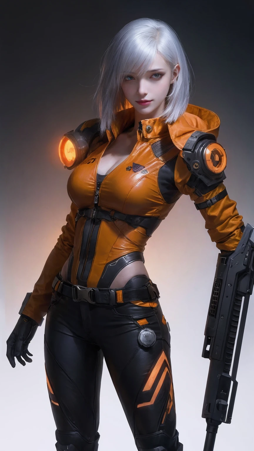 1girl,solo,realistic,cyberpunk, cyborg, halloween,  jack-o'-lantern, mechanical_arms, orange_jacket, Without pants， orange_shirt, pumpkin, science_fiction, simple_background, gloves, standing, jacket, cowboy_shot, urban techwear, outfit，