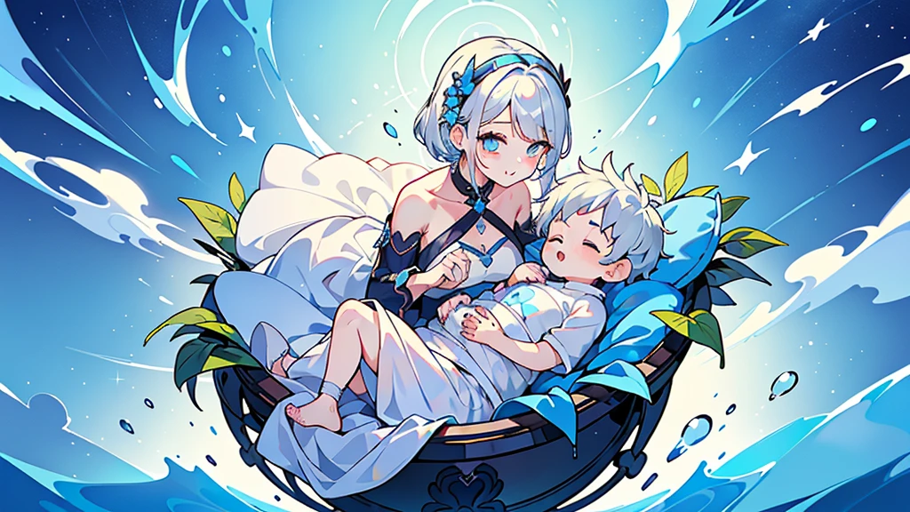 (((Mother and son,My son is a newborn baby.)))、((Highest quality、Masterpiece、Official Art、The best dynamic composition))、They both have a mixture of blue and white hair.、She is happily stroking the baby&#39;s cheek.、Heartwarming、happiness、A sparkling world、