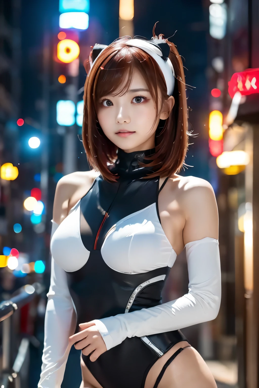 (SFW), Intricate details, One Girl, night, (Bright neon colors), ((Fly over a futuristic cyberpunk city)), Detailed Background, (smallなサイボーグ少女, ((Cute perfect face, Bright red eyes)), (Perfect Anatomy, small), (Very long orange and white gradient hair, Hair blowing in the wind)), Detailed ribbed impossible bodysuit, Scapula, Cybernetic limbs, Dynamic Angle, 